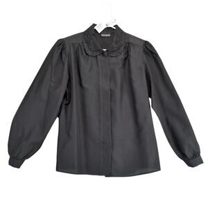 Vtg Ann Chabrol Black Blouse Women's‎ L Lace Peter Pan Collar Puff Shoulder Pads